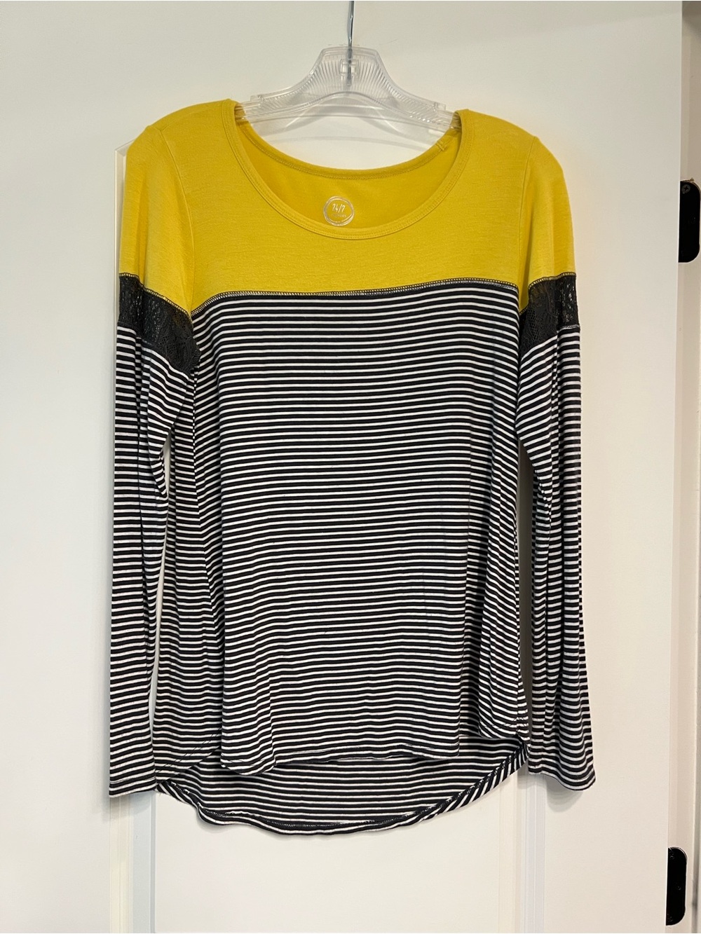 Maurices Black & White Striped Long-Sleeve Top with Yellow Yoke